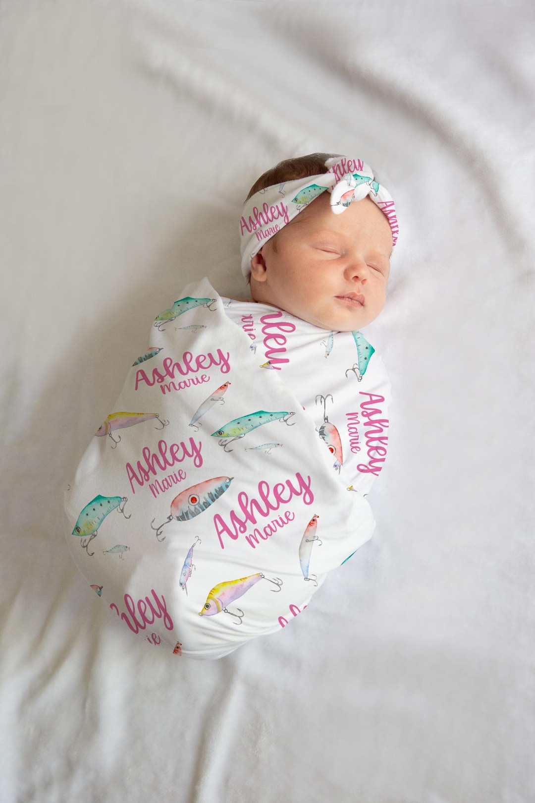 Girl Fishing Swaddle Set, Fish Swaddle Blanket, Personalized Baby