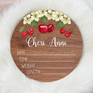 Cherry Birth Stat Sign, Birth Stat Sign, Round Wood Birth Stat Sign, Cherry Birth Announcement, Personalized Birth Stat Sign G97