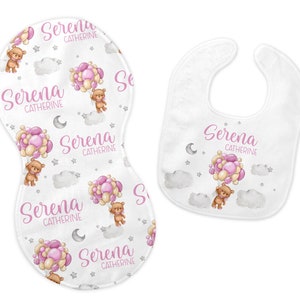 Bear Balloon Bib and Burp Cloth Set, Bear Moon Bib, Pink Balloon Burp Cloth, Teddy Bear Nursery, Personalized Bear Balloon Bib, T57