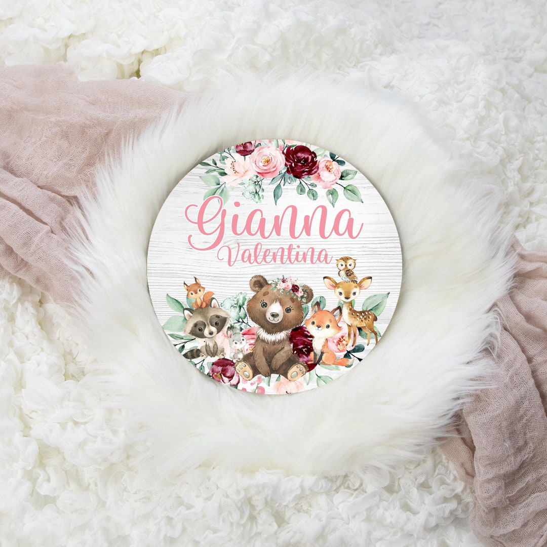 Girl Woodland Round Wood Name Sign, Wood Baby Name Sign, Woodland Baby Name Sign, Baby