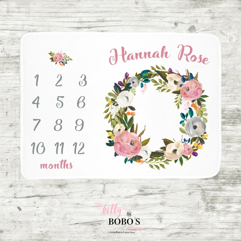 Girl Milestone Blanket Month Growth Tracker Minky Fleece Blanket Custom Personalized Watercolor Floral Newborn