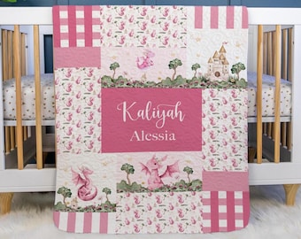 Girl Dragon Baby Quilt, Personalized Baby Dragon Quilt, Optional Bundle with Sign, Dragon Quilted Blanket, Dragon Fantasy Nursery, G81