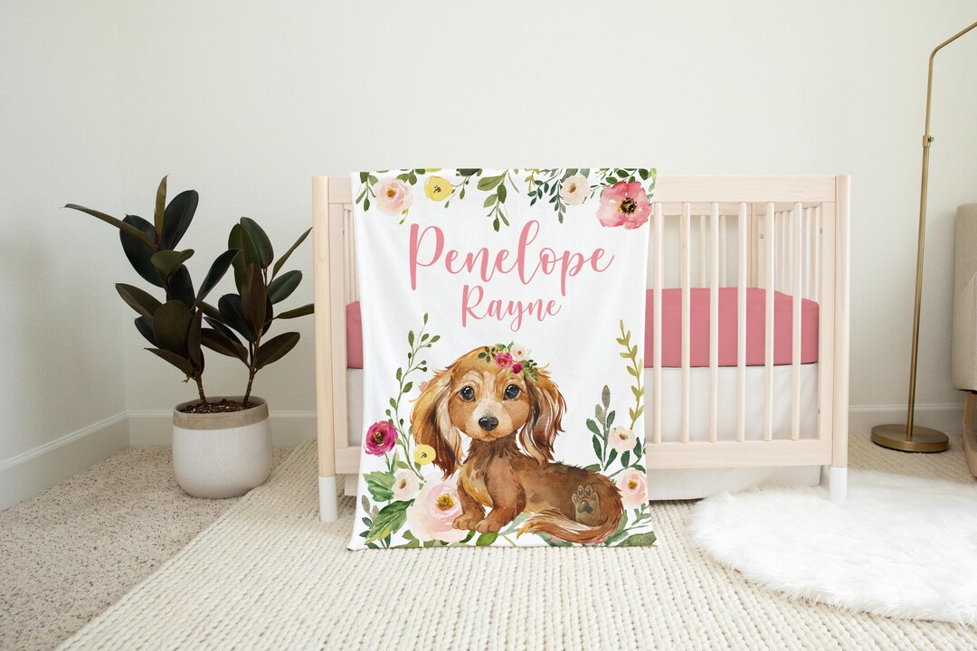 Puppy Blanket, Personalized Dachshund Baby Blanket, Puppy Nursery Theme, Girl Dog Blanket