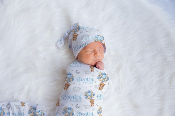 Boy Bear Balloon Swaddle Set, Personalized Bear and Stars Baby Blanket, Lullaby Boy Swaddle Blanket, New Baby Gift, Bear Swaddle Set T57