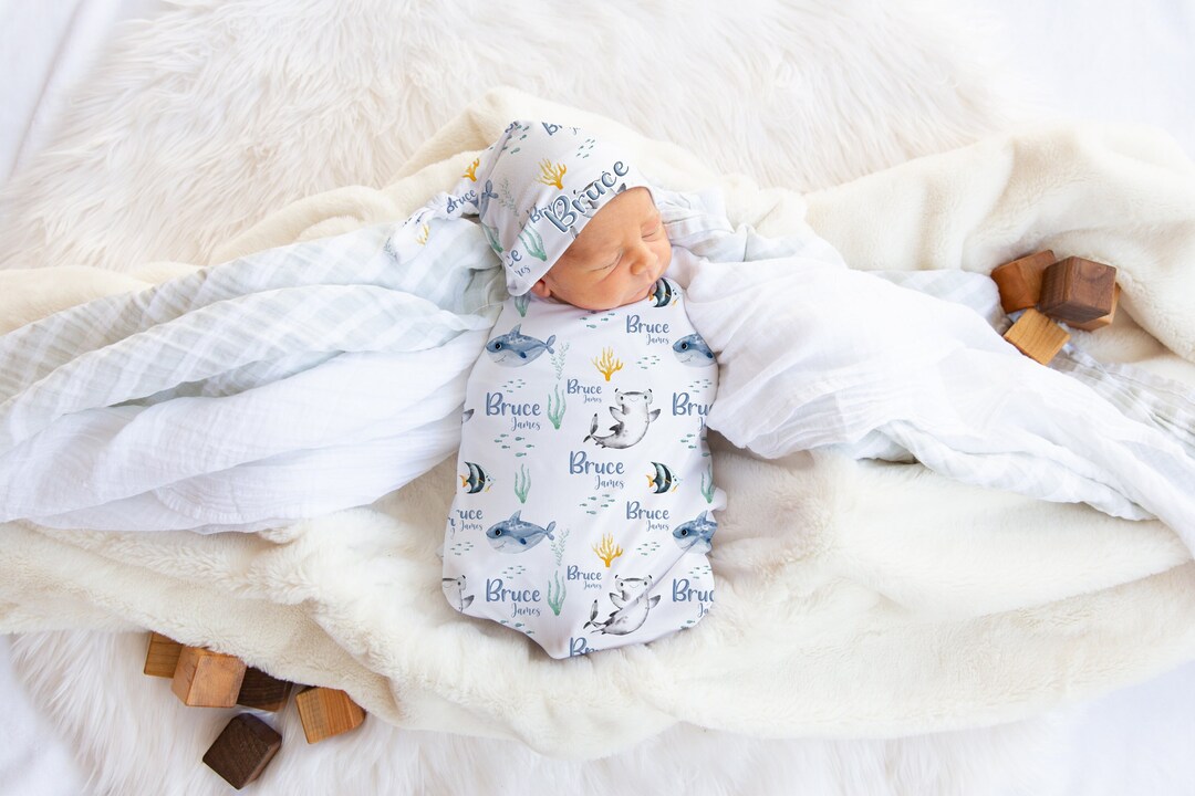 Shark Swaddle Set, Personalized Shark Baby Blanket, Shark Boy Swaddle