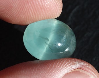 Pietra preziosa cabochon ovale acquamarina occhio di gatto per la creazione di gioielli, verde bluastro naturale - 15x12 mm, 10,57 ct