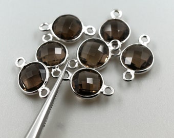 4 pcs Gemstone connector in sterling silver bezel 9x15mm Round cut smokey quartz DIY Jewelry making