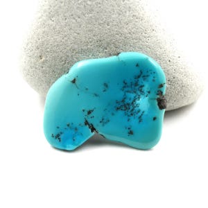 Op de afbeelding: Een gepolijste, turquoise gekleurde edelsteen met donkerbruine insluitsels. De steen heeft een gladde, afgeronde vorm en is geplaatst tegen een witte achtergrond met een lichtgrijze rots op de achtergrond. Waarschijnlijk gebruikt voor sieraden of decoratieve doeleinden.