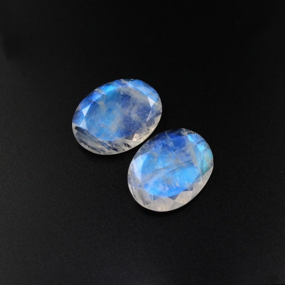 Faceted moonstone loose gemstone pair 27.61ct Oval cut rainbow natural stone 18x23mm