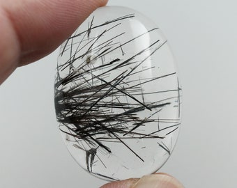 Large Tourmalinated Quartz Oval Cabochon, Natural Gemstone for Jewelry - 24x34mm, 68ct