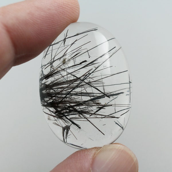 Large Tourmalinated Quartz Oval Cabochon, Natural Gemstone for Jewelry - 34x24mm, 68ct