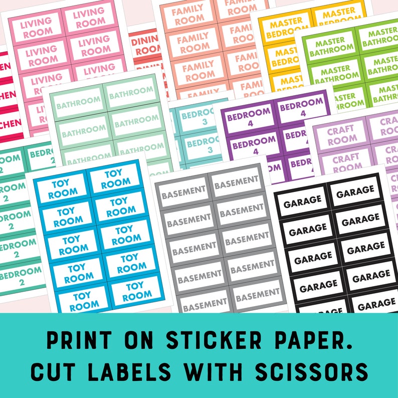 May include: Printable labels for organizing a home. The labels are in various colors and include room names like "Living Room", "Bathroom", "Bedroom", "Toy Room", "Basement", "Garage", and "Craft Room". The text "PRINT ON STICKER PAPER. CUT LABELS WITH SCISSORS" is at the bottom of the image.