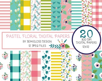 Spring Folk Floral Digital Paper with Pastel Gingham and Stripes
