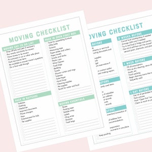 May include: A printable moving checklist with two columns, one for two weeks before the move and the other for one week before the move. The checklist includes tasks such as canceling memberships, arranging child care, packing essentials, and cleaning rooms.