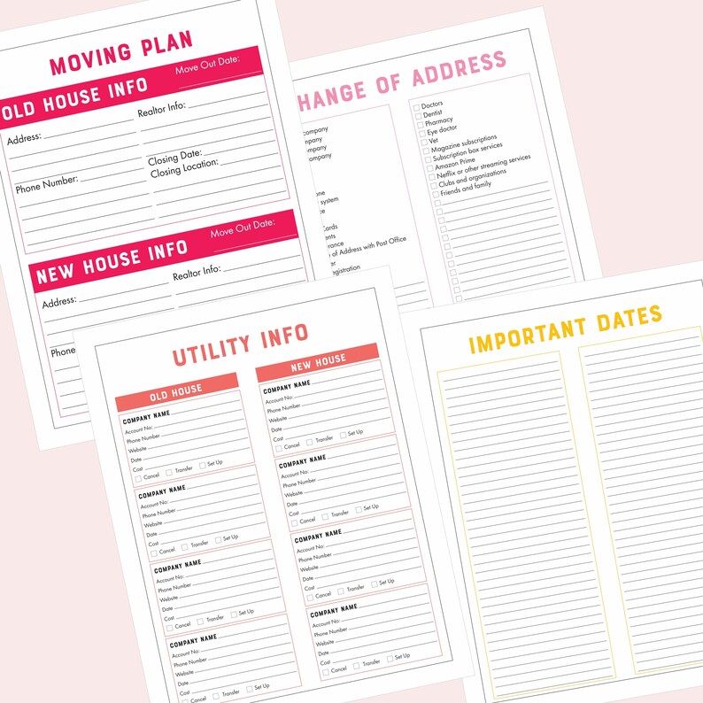 May include: A printable moving checklist with sections for old and new house information, utility information, change of address, and important dates. The checklist is designed in a pink and yellow color scheme.