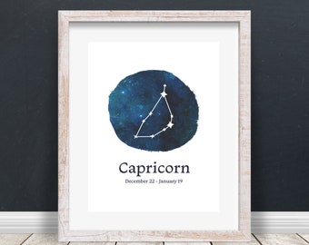Capricorn Zodiac Art, Constellation and Watercolor Galaxy, Printable Art, Digital Download