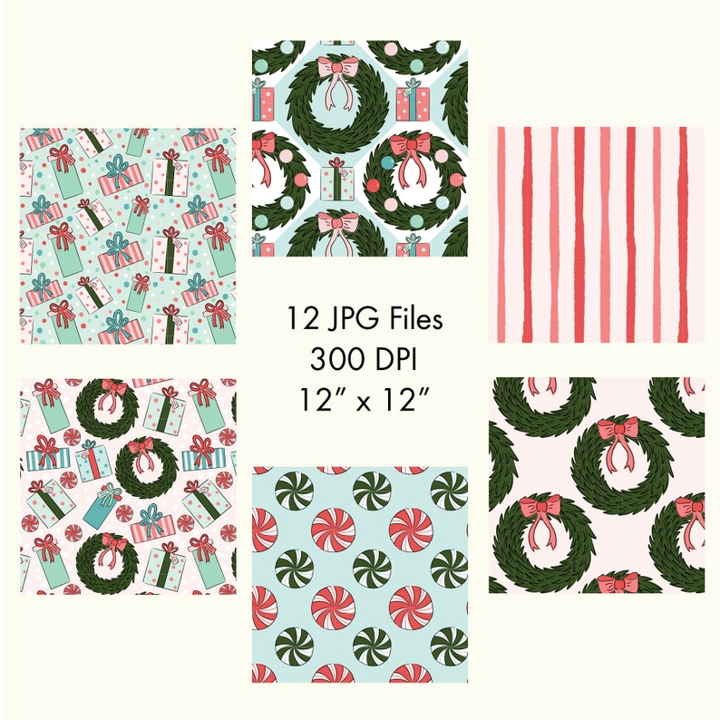 Christmas Wreath Digital Repeat Pattern Set, Holiday Background Printable Paper image 2