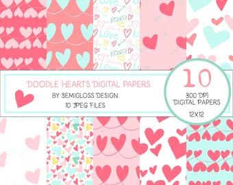 Heart Digital Paper Set with Hand Drawn Patterns