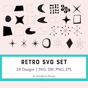 Retro SVG-set, Atomic Starbursts en boemerangvormen, geïnspireerd op Space Age-graphics uit de jaren 50