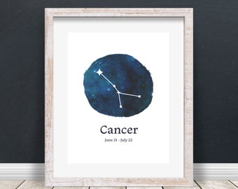 Cancer Zodiac Art, Constellation and Watercolor Galaxy, Printable Art, Digital Download