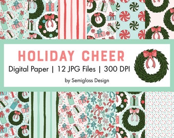 Christmas Wreath Digital Repeat Pattern Set, Holiday Background Printable Paper