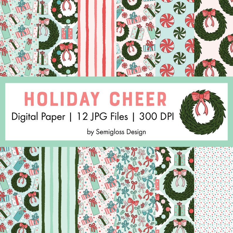 Christmas Wreath Digital Repeat Pattern Set, Holiday Background Printable Paper image 1