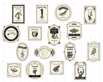 May include: A collection of fifteen rectangular, oval, and circular labels featuring black ink illustrations and text on a cream background. Labels include designs for Unicorn Horn Powder, Squid Ink, Lizard Tails, Fairy Dust, Starlight Dust, Witch's Brew, Mermaid Scales, Moth's Wings, Snake Venom, Moon Dust, Dragon Scales, Raven's Blood, Bat Wings, Toadstool Dust, Eyes of Toads, and Tentacle Serum.