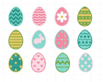 May include: A collection of twelve colorful Easter egg designs. Each egg features a unique pattern, including zigzags, stripes, polka dots, and floral motifs. The color palette includes shades of green, pink, yellow, and blue. Text at the top reads "SVG • DXF • PNG • JPG."