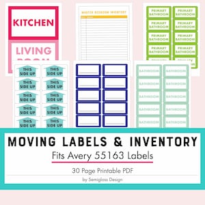 Printable Moving Labels and Inventory Sheets, Fits Avery 55163 Labels, Easy to Print Color-Coded Box Labels