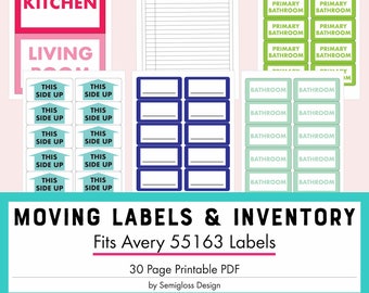 Printable Moving Labels and Inventory Sheets, Fits Avery 55163 Labels, Easy to Print Color-Coded Box Labels