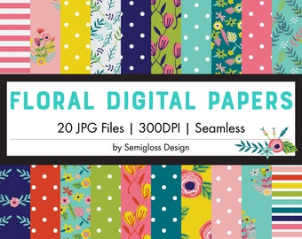 Seamless Floral Digital Paper, Colorful Pattern, Flower Paper Pack, Scrapbook Paper Set, Spring Backgrounds