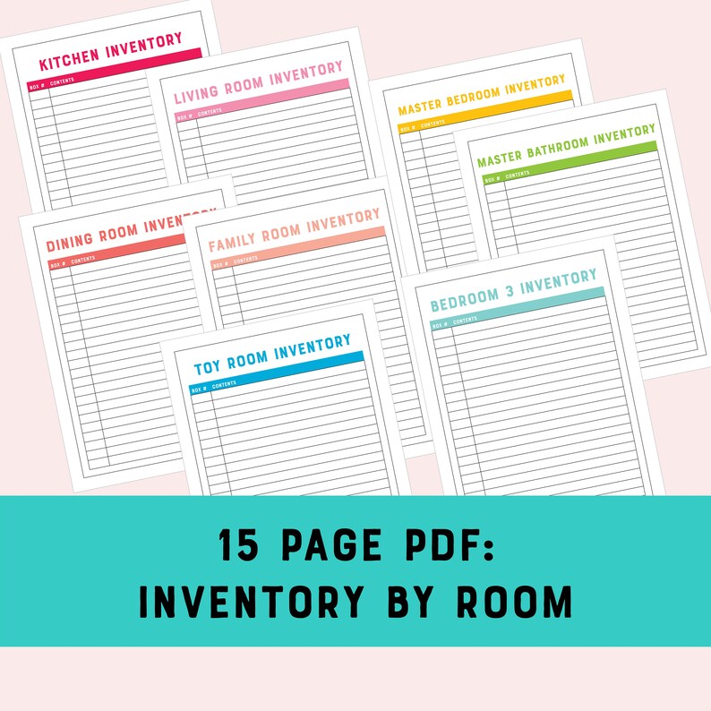 May include: Printable inventory list for 15 rooms, including kitchen, living room, family room, toy room, master bedroom, master bathroom, and bedroom 3. Each page has a title with a colored stripe and space for listing items and their contents.