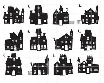 May include: A digital collection of twelve black silhouette illustrations of haunted houses, each featuring a small crescent moon. The top of the image displays the text SVG • DXF • PNG • JPG. The designs are arranged in a grid on a white background.