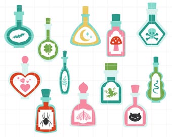 May include: A collection of twelve colorful potion bottle illustrations featuring various icons including a bat, clover, moon, mushroom, skull, hearts, leaf, frog, spider, moth, and cat face, with the text SVG, DXF, PNG, JPG at the top.