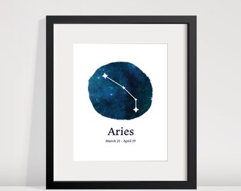 Aries Zodiac Art, Constellation and Watercolor Galaxy, Printable Art, Digital Download