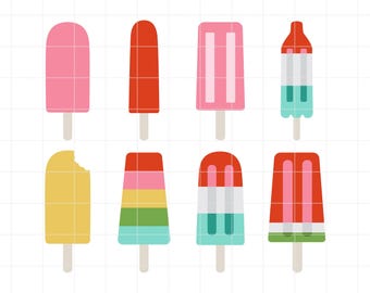 May include: A collection of eight colorful popsicle illustrations. The popsicles feature various designs, including solid colors, stripes, and a bite taken out of one. The image includes the text "SVG • DXF • PNG • JPG" at the top.