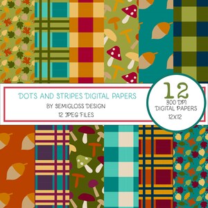 Fall Digital Paper Set with Mushrooms, Leaves and Plaid