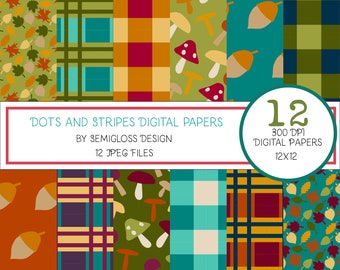 Fall Digital Paper Set with Mushrooms, Leaves and Plaid