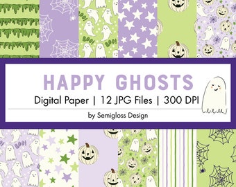 Cute Halloween Ghosts Repeat Pattern Set, Purple and Green Digital Papers