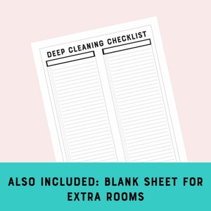 Peut inclure: Liste de contr&ocirc;le de nettoyage en profondeur imprimable avec deux colonnes de cases &agrave; cocher. Le titre est "DEEP CLEANING CHECKLIST". Le texte "ALSO INCLUDED: BLANK SHEET FOR EXTRA ROOMS" est en bas de la page.