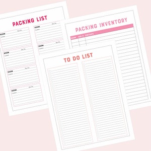 May include: Printable packing list and inventory checklist with a to-do list. The packing list has sections for room, box number, and contents. The inventory checklist has sections for room, box number, and contents. The to-do list has two columns with checkboxes and lines for writing.