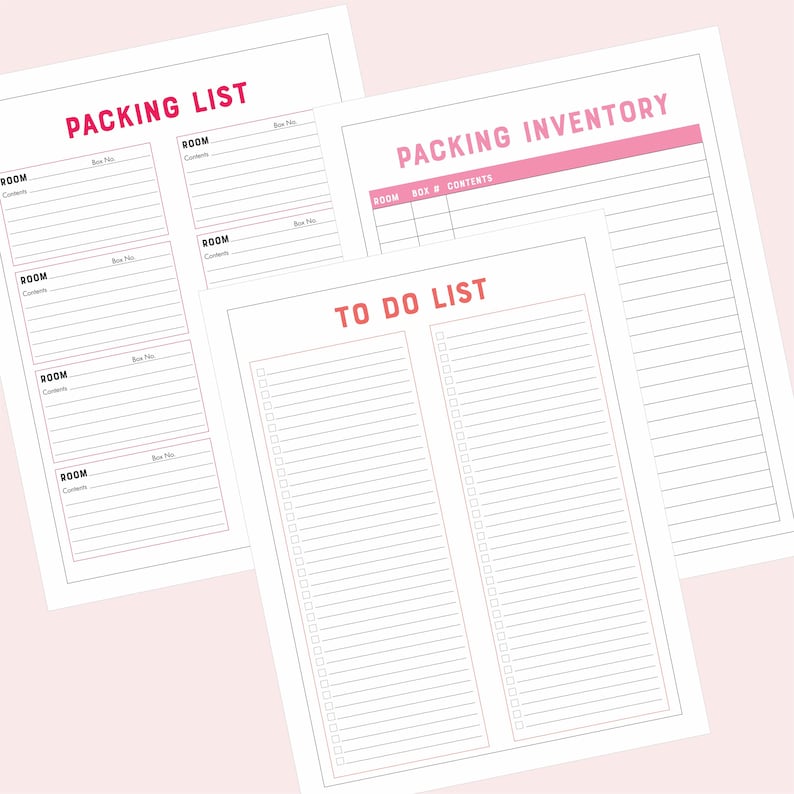 May include: Printable packing list and inventory checklist with a to-do list. The packing list has sections for room, box number, and contents. The inventory checklist has sections for room, box number, and contents. The to-do list has two columns with checkboxes and lines for writing.