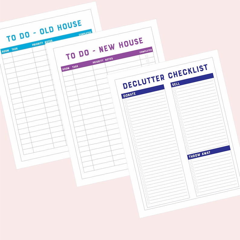 May include: Three printable checklists for decluttering and moving. The first two checklists are titled "To Do - Old House" and "To Do - New House". The third checklist is titled "Declutter Checklist" and has three columns: "Donate", "Sell", and "Throw Away".