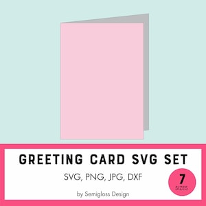 May include: A set of 7 greeting card templates in SVG, PNG, JPG, and DXF formats. The image shows a pink card with a gray fold line.