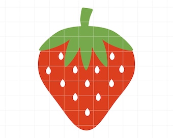 May include: A vector graphic of a strawberry. The strawberry is red with white seeds and a green stem and leaves. The image also includes the text "SVG • DXF • PNG • JPG" in pink.