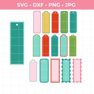 May include: A selection of colourful, rectangular tags in various shapes and sizes. The tags are in shades of pink, yellow, red, green, and teal. The image also includes the text "SVG • DXF • PNG • JPG" at the top.