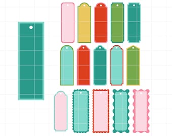 May include: A collection of colorful, rectangular tags in various shapes and sizes. The tags are in shades of pink, yellow, red, green, and teal. The image also includes the text "SVG • DXF • PNG • JPG" at the top.