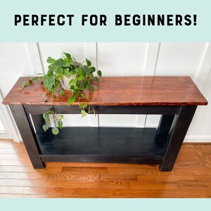 May include: A black and brown wooden console table with a single shelf. The table has a dark wood stain and a light wood top. A potted plant with green leaves is on the table.