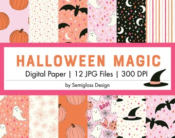 Digital Patterns for Halloween with Hand-Drawn Witch Hats, Ghosts and Pumpkins
