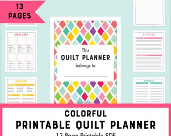 Planificador de acolchados en formato PDF imprimible, incluye hojas de referencia para acolchados, diario de acolchados y planificador de proyectos de costura.